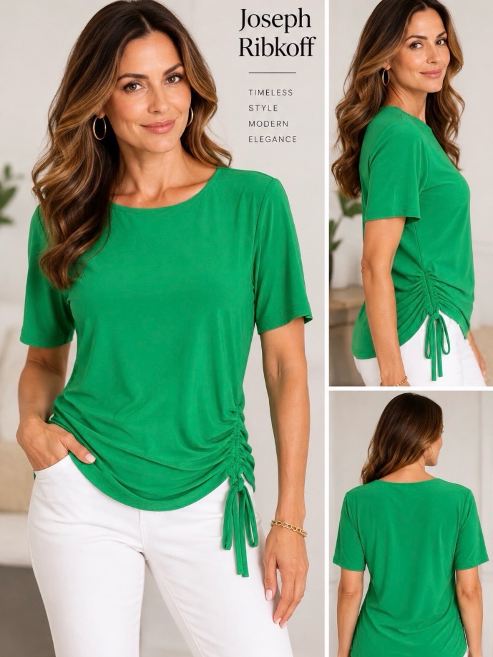 Joseph Ribkoff Green Side-Ruched Tee